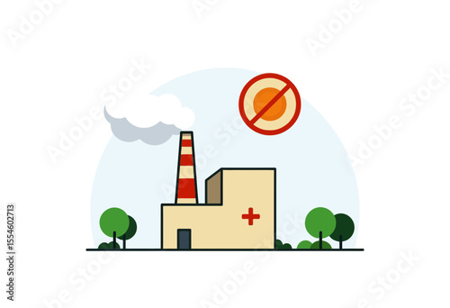 Factory with red cross symbol indicating no pollution allowed  