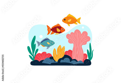 Colorful fish swimming in aquarium with coral and seaweed background  