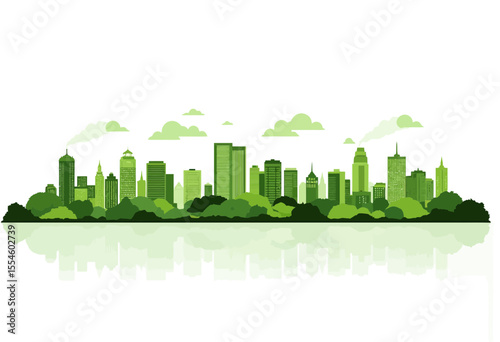 Urban skyline illustration with greenery and clouds in green tones  