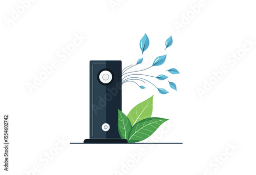 Air purifier with leaves and water flow on white background  