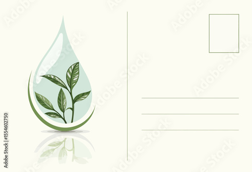 Water droplet graphic with leaves representing nature and growth  