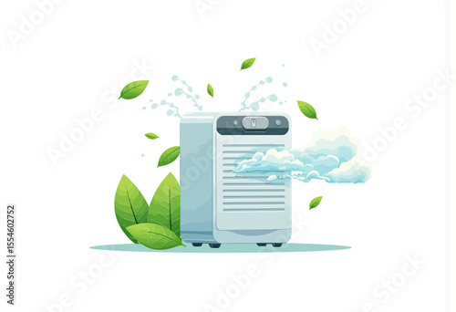 Air purifier with green leaves and water droplets in modern design  
