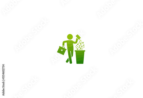 Green figure throwing waste into recycling bin in minimalist style  