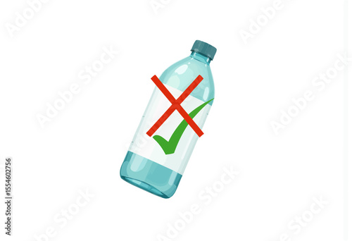 Discarded plastic water bottle with wrong checkmark symbol  