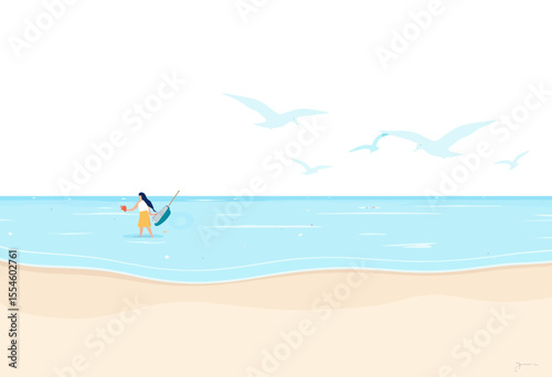 Surfer walking into ocean with surfboard on sandy beach  