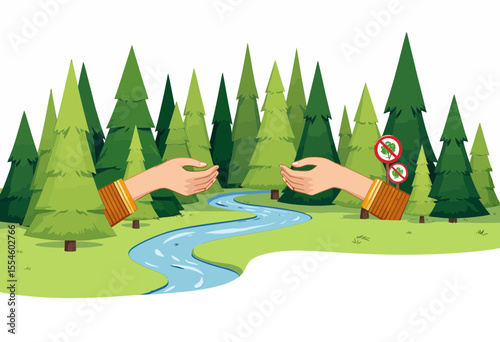 Hands reaching out over river in forest promoting nature conservation  