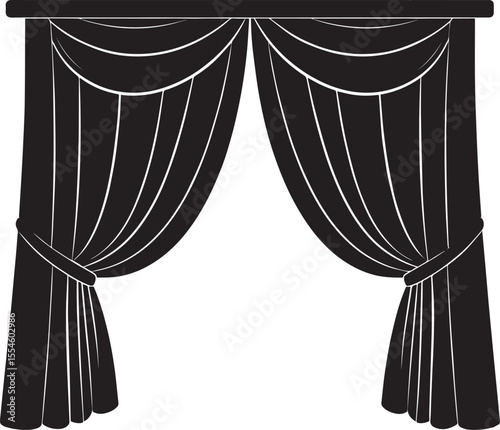 Curtain Semi Pulled Silhouette Black Vector | Elegant Window Drapery Illustration Format