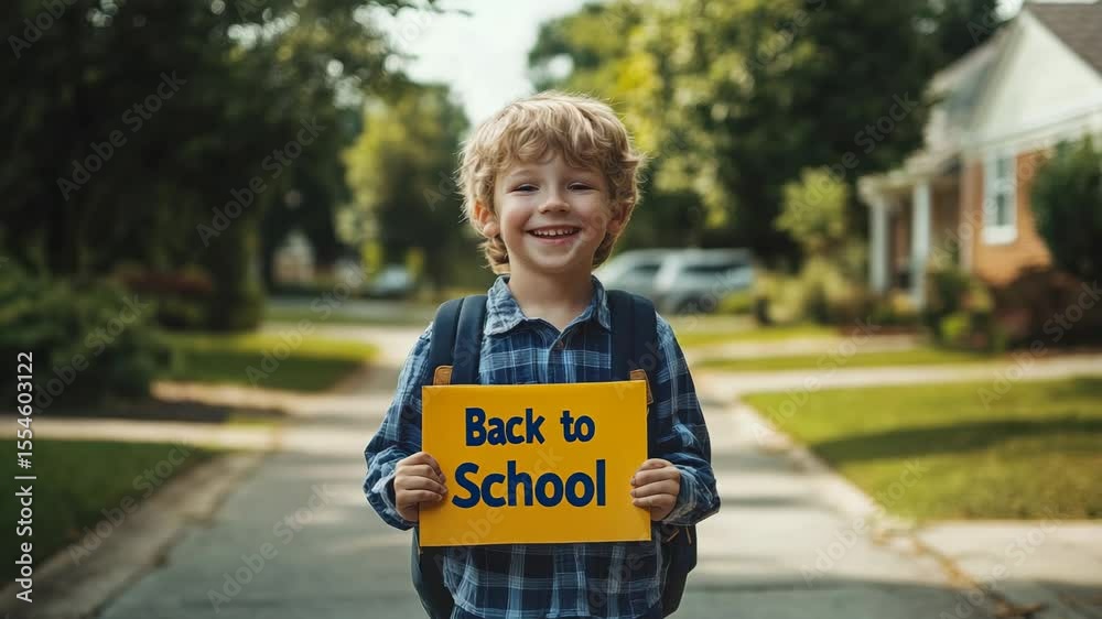 Smiling elementary school student holding a yellow sign with the text back to school written on it while standing outdoors in a residential area, excited for the new academic year