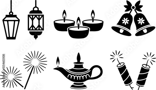 Festive lanterns burning candles ringing bells sparklers genie lamp vector