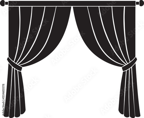 Curtain Semi Pulled Silhouette Black Vector | Elegant Window Drapery Illustration Format