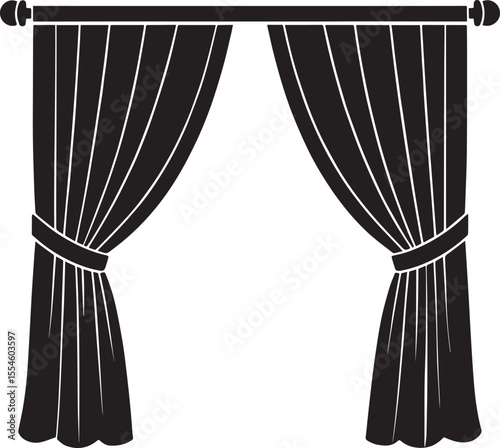 Curtain Semi Pulled Silhouette Black Vector | Elegant Window Drapery Illustration Format