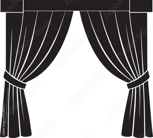 Curtain Semi Pulled Silhouette Black Vector | Elegant Window Drapery Illustration Format
