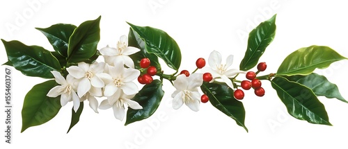 coffee plant with white flowers and red berries