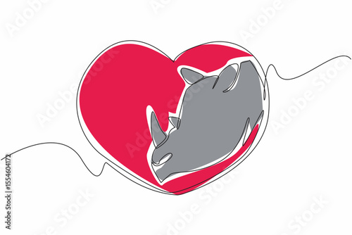 Single continuous line drawing rhino head comes out of heart shape. A symbol. Preserve rhino from extinction. Avoid illegal hunting. Endangered. Save the Rhino Day. One line design vector illustration