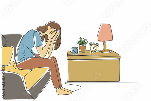 Single one line drawing man sitting on the edge of the bed covering face with both hands. Woke up from a nightmare. Stress. National Anxiety Screening Day. Continuous line design graphic illustration