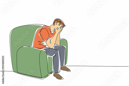 Single one line drawing a man sitting on a single sofa covering face with both palms. Tests of life come one after another. National Anxiety Screening Day. Continuous line design graphic illustration