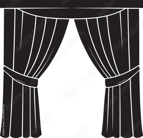 Curtain Semi Pulled Silhouette Black Vector | Elegant Window Drapery Illustration Format