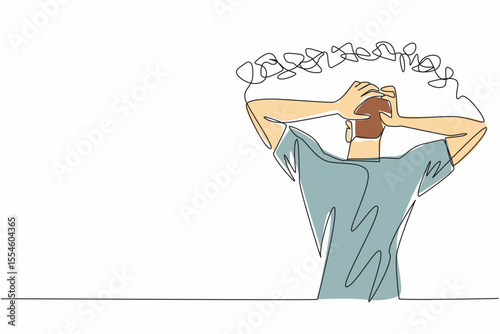 Single continuous line drawing man holding head with both hands and a rope tangled around head. Mentally exhausted. Endless pain. National Anxiety Screening Day. One line design vector illustration