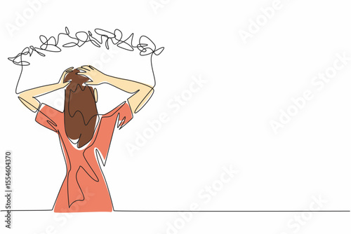 Single one line drawing woman holding head with both hands and a rope tangled around head. Many disturbing thoughts. Stress. National Anxiety Screening Day. Continuous line design graphic illustration
