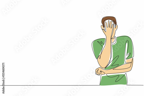 Continuous one line drawing man crosses one arm in front of stomach and covers face with other hand. Excessive stress. National Anxiety Screening Day. Single line draw design vector illustration