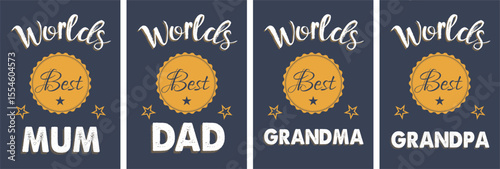 World's Best Family: A set of elegant badge designs recognizing family members, perfectly suitable for greeting cards, posters, or gift tags, celebrating family connection.
