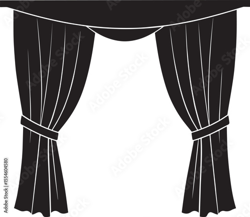 Curtain Semi Pulled Silhouette Black Vector | Elegant Window Drapery Illustration Format