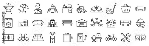 Amenities building hotel real estate service facility vector line icons set