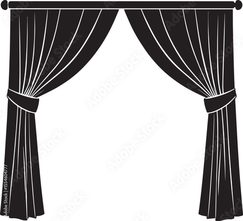 Curtain Semi Pulled Silhouette Black Vector | Elegant Window Drapery Illustration Format