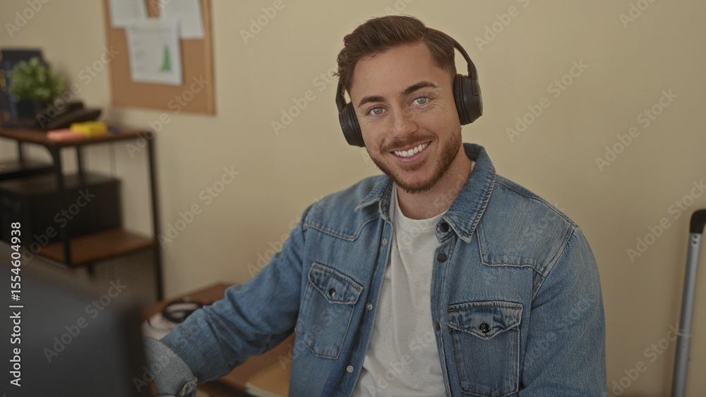Obraz premium Young man with beard wearing headphones in an office setting, focused on work at computer in an indoor workplace environment, featuring casual attire and modern equipment.