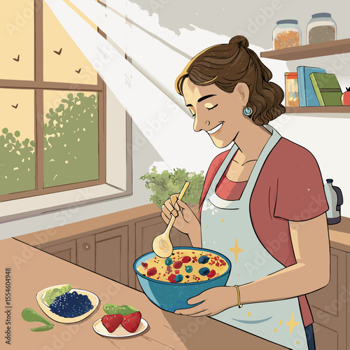A woman in the kitchen is preparing a colorful bowl of oats, fruits, and seeds, smiling with morning sunlight through the window.