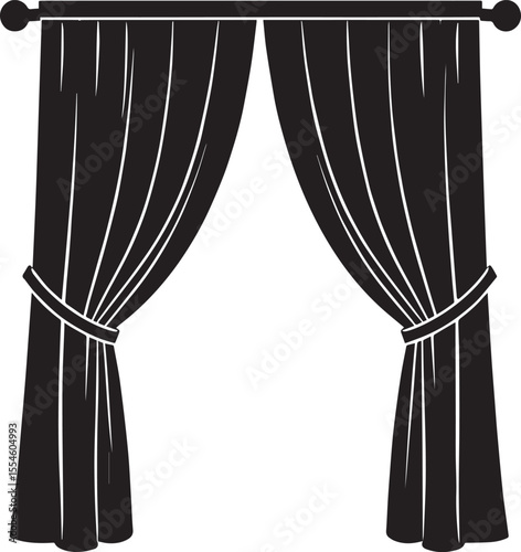 Curtain Semi Pulled Silhouette Black Vector | Elegant Window Drapery Illustration Format