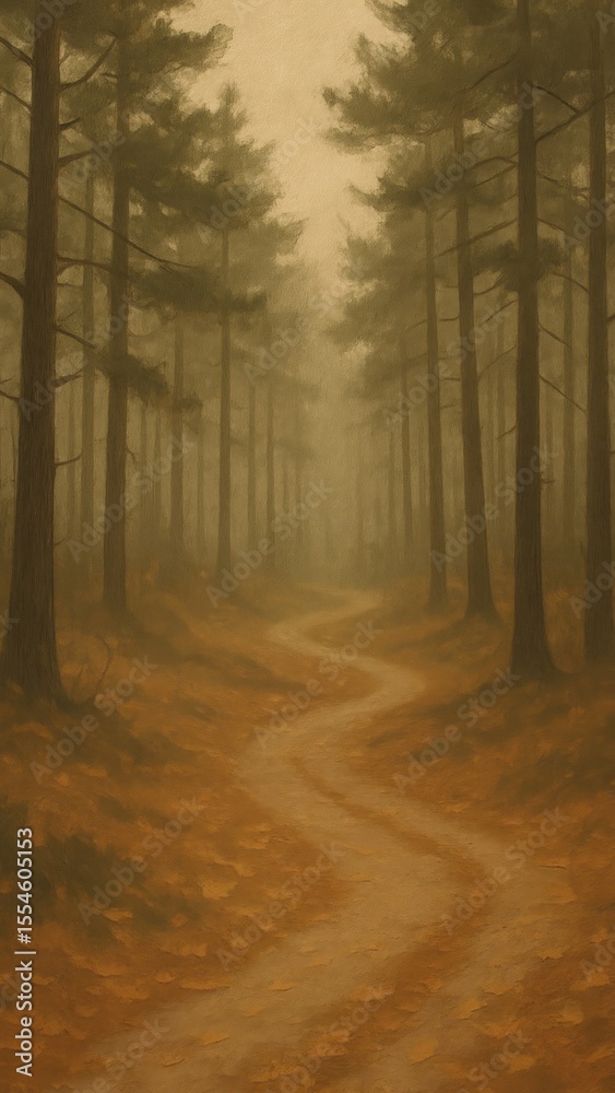 Naklejka premium Misty forest path autumn tranquility