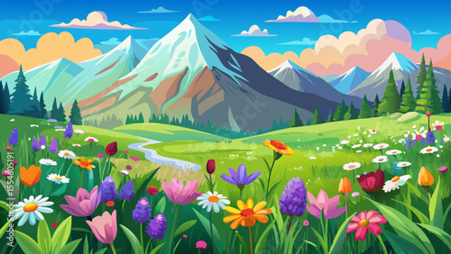A dreamy highland meadow gently sways under a soft morning breeze. Colorful wildflowers—daisies, lavender, and poppies—scatter across the fresh green grass. In the distance, majestic snow-covered moun