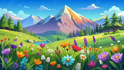 A dreamy highland meadow gently sways under a soft morning breeze. Colorful wildflowers—daisies, lavender, and poppies—scatter across the fresh green grass. In the distance, majestic snow-covered moun