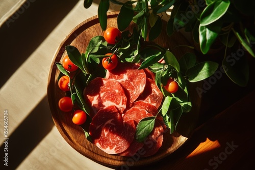 Rustic platter with sliced meat, fresh cherry tomatoes, and greenery for culinary display