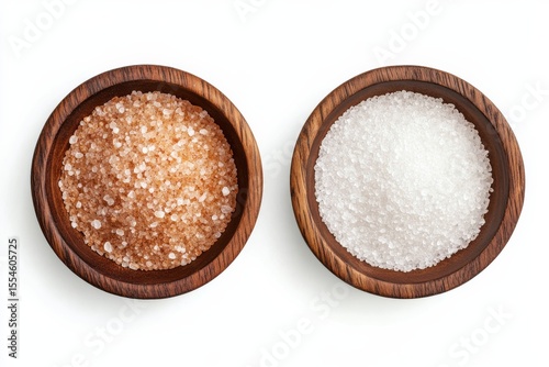 Coarse and fine natural sea salt in wooden bowls for culinary and spa use