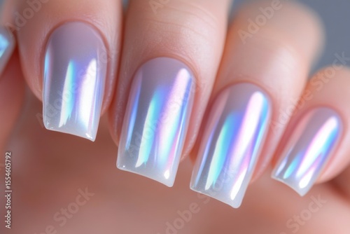 Elegant light grey square nails with holographic shine