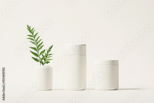 Minimalist cosmetics packaging mockup set with bottles and natural leaf element for design and branding