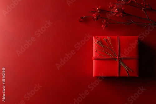 Elegant new year gift box with floral decoration on red background for festive celebrations
