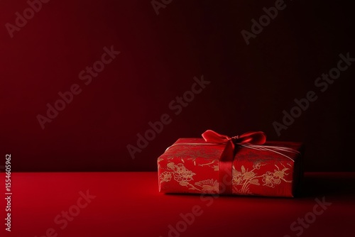 Elegant new year gift box with red oriental design on minimalistic red table