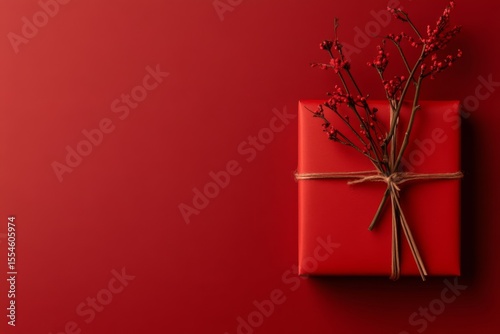 Minimalist new year gift box with oriental design on red table for festive decor