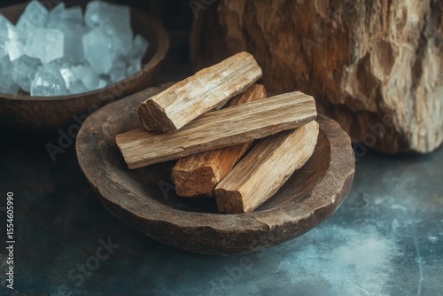 Rustic display of palo santo sticks on wooden bowl with natural textures for aromatherapy and meditation