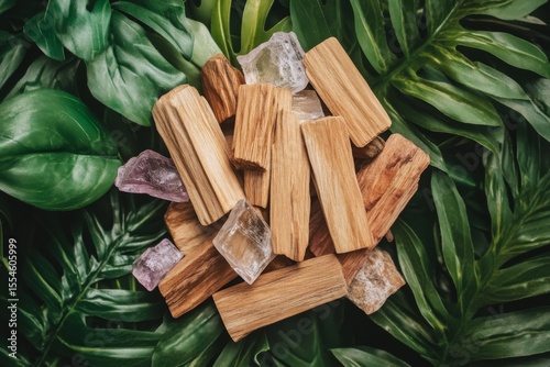 Natural palo santo sticks and crystals on vibrant green leaves for spiritual and aromatherapy use