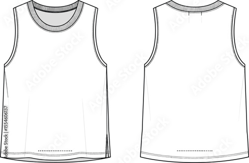 Sleeveless tank top technical flat sketch, front and back view, detailed vector outline, fashion design template for clothing CAD