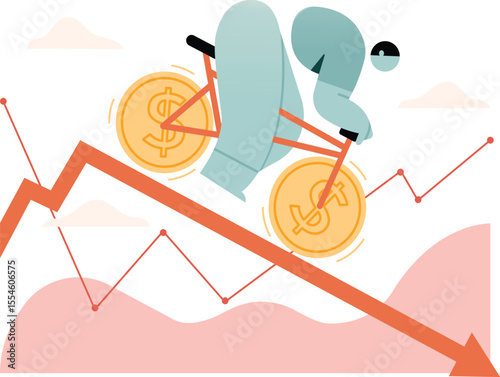 Economic downturn visualized as a figure biking down a descending graph
