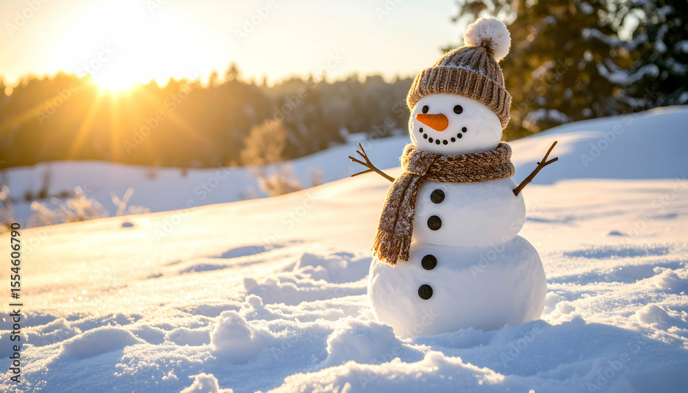 Obraz premium Smiling Snowman with Brown Hat Standing in Sunny Winter Field