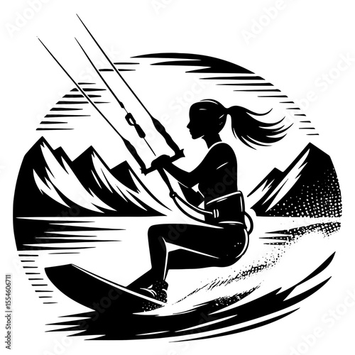 Female Kiteboarder Sprinting Across a Glacier-Fed Fjord, Snow-Capped Peaks Framing Dynamic Spray in Round Mono Illustration