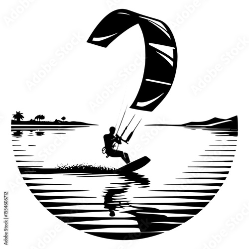Tropical Lagoon Kiteboarder Carving Glassy Water, Palm-Fringed Islet and Bold Reflections in Graphic Black-and-White Circle
