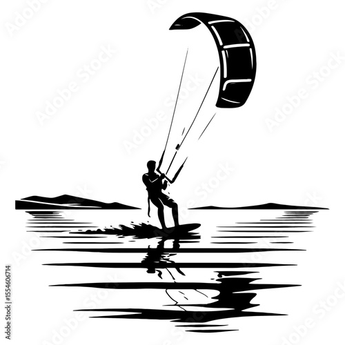 Solo Kiteboarder Cutting Across a Wide Inland Lake, Distant Hills and Crisp Reflections in Minimalist Black-and-White Illustration