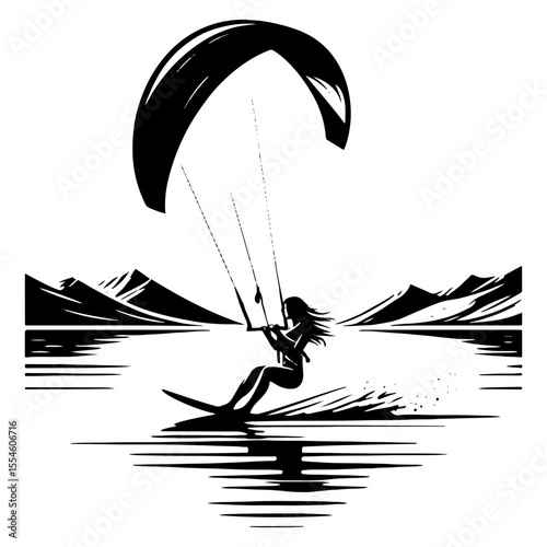 Female Kiteboarder Powering Through an Alpine Fjord, Snow-Capped Peaks Framing Dynamic Splash in Striking Black-and-White Illustration